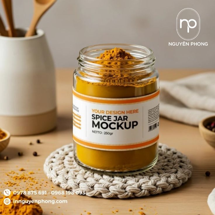 Mẫu tem dán gia vị in font chữ nổi bật